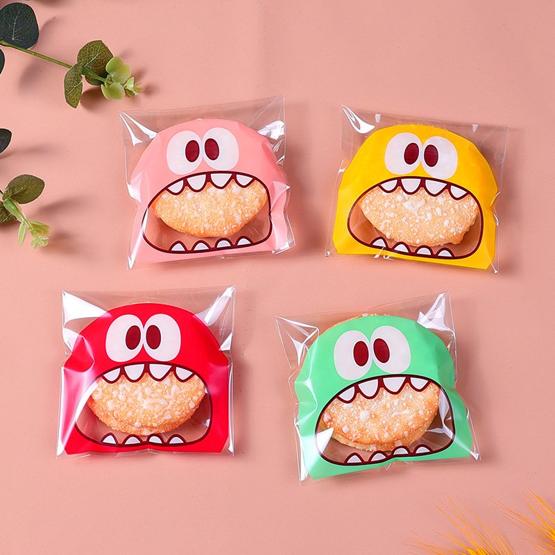 100PCS Cute Cartoon Monster Cookie Candy Self-Adhesive Plastic Bags - Image 2