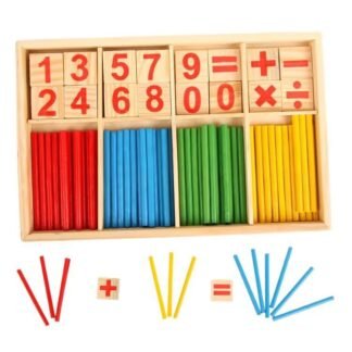 Caixa de aprendizagem de números em madeira com palitos numéricos para aritmética