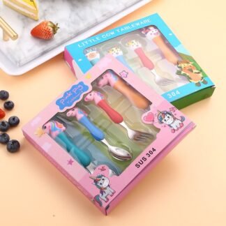 Conjunto de louças infantis com desenhos animados: quatro colheres e garfos com tema de unicórnio e quatro colheres e garfos com tema de touro, com caixa – quatro peças de louças com desenhos animados