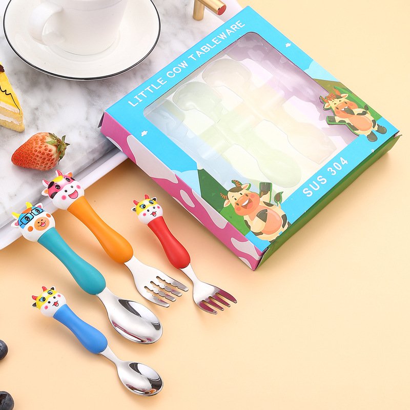 Cartoon Cute Children's Tableware Set of Four Unicorn Spoon Forks, Bull Spoon Forks with Box Four Cartoon Tableware - Image 2