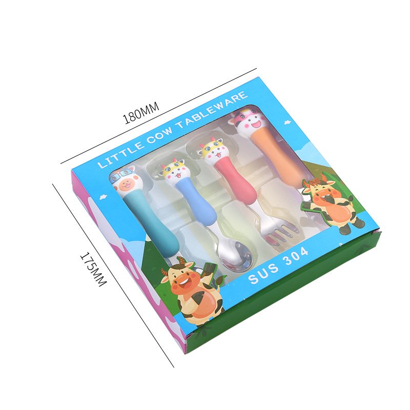 Cartoon Cute Children's Tableware Set of Four Unicorn Spoon Forks, Bull Spoon Forks with Box Four Cartoon Tableware - Image 5