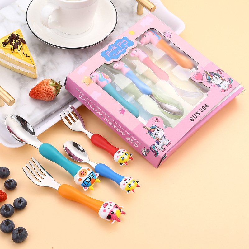 Cartoon Cute Children's Tableware Set of Four Unicorn Spoon Forks, Bull Spoon Forks with Box Four Cartoon Tableware - Image 3