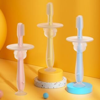 Escova de dentes de silicone tridimensional para bebês, com ventosa para ficar em pé, revestimento de silicone para a língua e cerdas macias