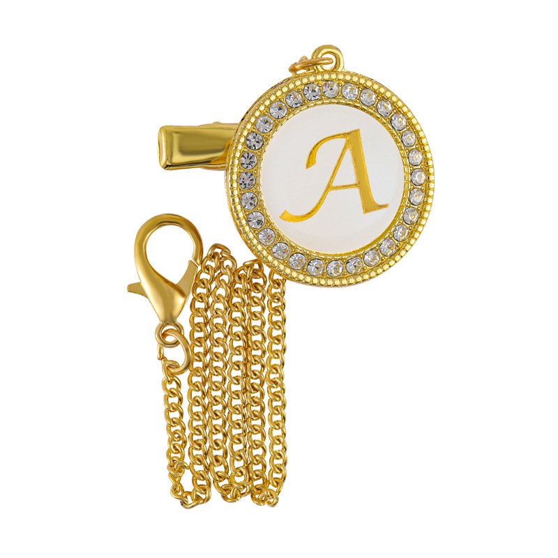 Cross border hot selling metal dot diamond baby mouth clip baby alloy diamond 26 letter pacifier clip