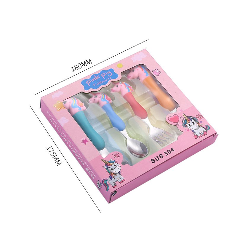 Cartoon Cute Children's Tableware Set of Four Unicorn Spoon Forks, Bull Spoon Forks with Box Four Cartoon Tableware - Image 4