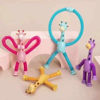 Brinquedo giratório de girafa que brilha, com tubo extensível, brinquedo educativo e ventosas com desenhos animados